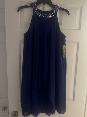 SLNY Navy Blue Beaded Halter Cocktail Dress